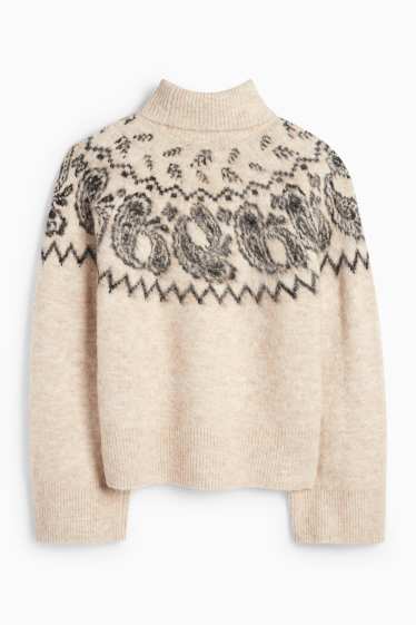 Femmes - Pull à col roulé - à motif - noir / beige