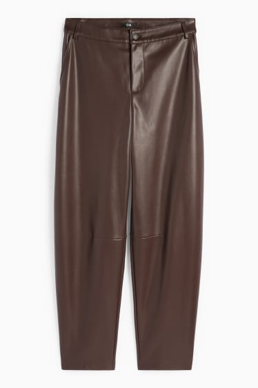 Femei - Pantaloni - talie medie - barrel leg - imitație de piele - maro închis