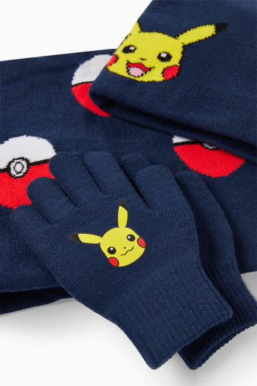 Kinder Buben - Pokémon - Pikachu - Set - Mütze, Loop Schal und Handschuhe - dunkelblau