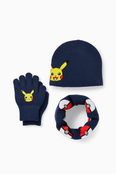 Kinder Buben - Pokémon - Pikachu - Set - Mütze, Loop Schal und Handschuhe - dunkelblau