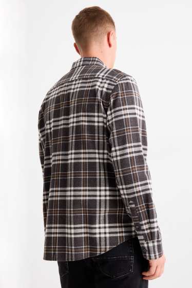 Uomo - Camicia di flanella - regular fit - collo all'italiana - a quadretti - grigio scuro