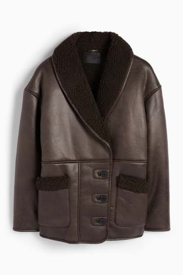 Femmes - Veste imitation mouton - matière synthétique - marron foncé
