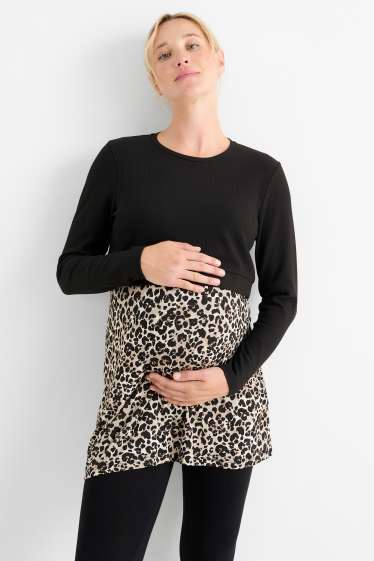 Damen - Still-Langarmshirt - 2-in-1-Look - Leo-Print - strukturiert - schwarz / beige