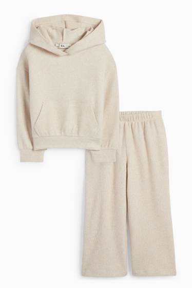 Kinder Mädchen - Set - Kapuzenpullover und Strick-Hose - gerippt - 2 teilig - hellbeige