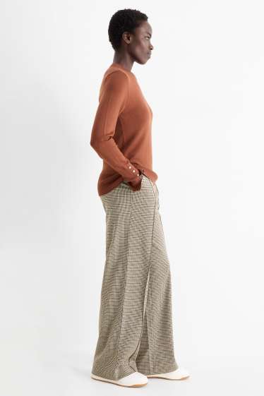 Dámské - Žerzejové kalhoty - high waist - wide leg - kostkované - světle béžová
