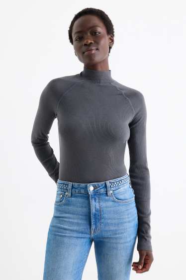 Donna - Maglia a maniche lunghe - slim fit - a coste - grigio scuro