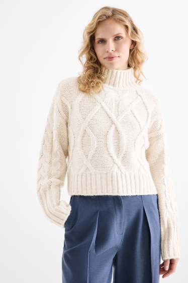 Femmes - Pull court - motif tressé - beige clair
