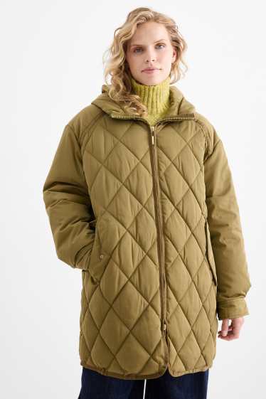Women - Quilted coat with hood - water-repellent - green