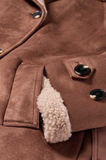 Damen - Faux Shearling Mantel - Velourslederimitat - braun