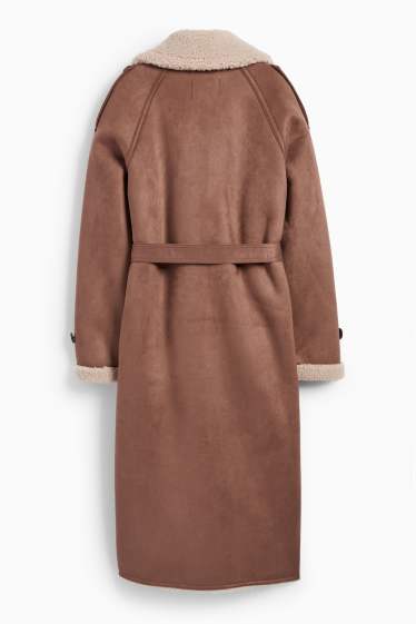 Damen - Faux Shearling Mantel - Velourslederimitat - braun
