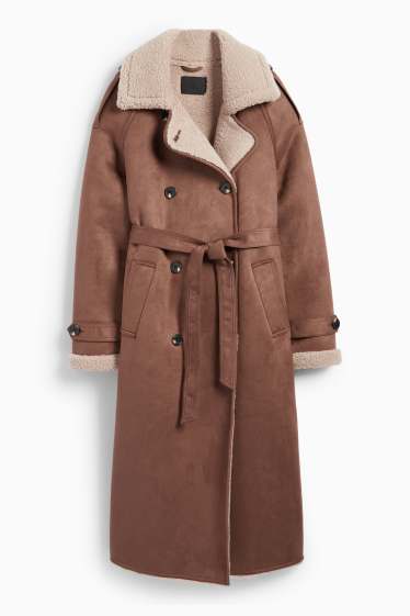 Damen - Faux Shearling Mantel - Velourslederimitat - braun