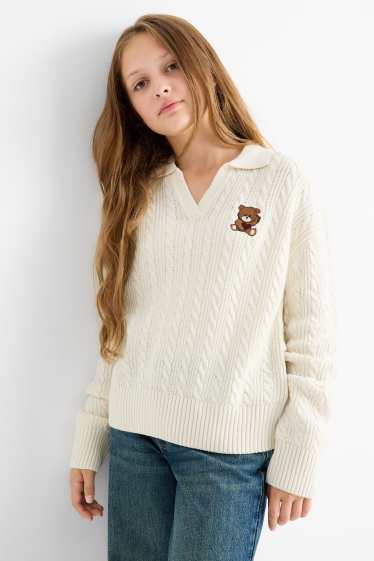 Kinder Mädchen - Teddybär - Pullover - Zopfmuster - cremeweiß