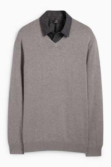 Herren - Set - Pullover mit V-Ausschnitt und Businesshemd - 2 teilig - grau