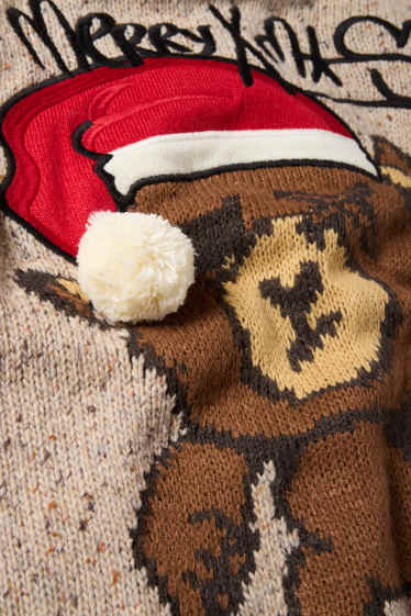 Děti - chlapci - Medvídek Teddy - vánoční svetr - béžová-žíhaná