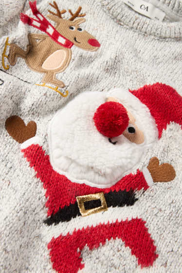 Kinder Buben - Weihnachtsmann und Rentier - Weihnachtspullover - weiß-melange