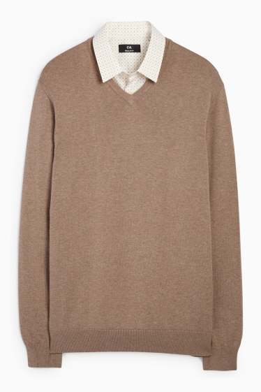 Heren - Set - trui met V-hals en business-overhemd - 2-delig - licht beige