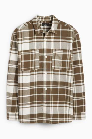 Men - Flannel shirt - regular fit - kent collar - check - white / beige