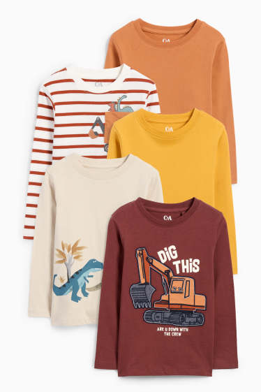 Kinder Jungen - Multipack 5er - Dino und Bagger - Langarmshirt - dunkelbraun