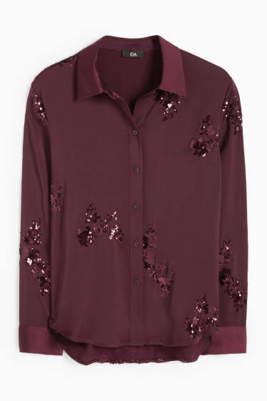 Women - Satin blouse - shiny - floral - purple