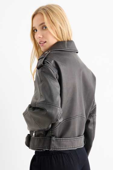 Dames - Bikerjack met ceintuur - imitatieleer - zwart
