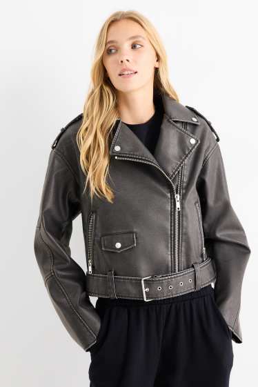 Dames - Bikerjack met ceintuur - imitatieleer - zwart