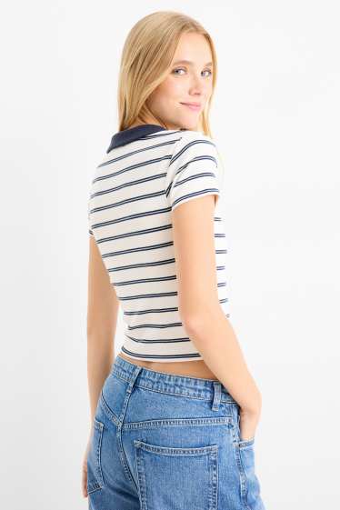 Damen - Crop Poloshirt - Slim Fit - gerippt - gestreift - blau / weiss