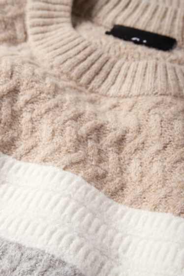 Men - Jumper - striped - textured - gray / beige