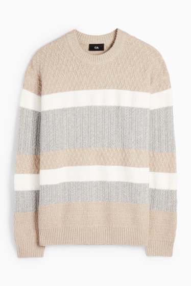 Men - Jumper - striped - textured - gray / beige
