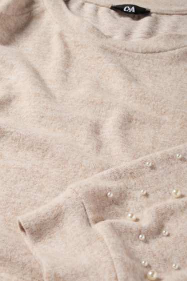 Damen - Sweatshirt mit Perlen - hellbeige