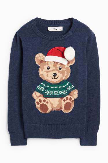 Kinder Jungen - Teddybär - Weihnachtspullover - dunkelblau