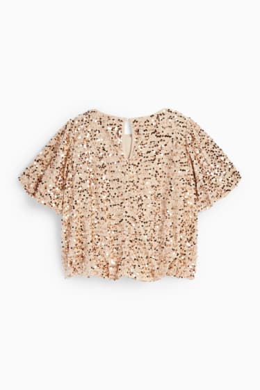 Kinder Mädchen - Samt-Pailletten-Kurzarmshirt - hellbeige