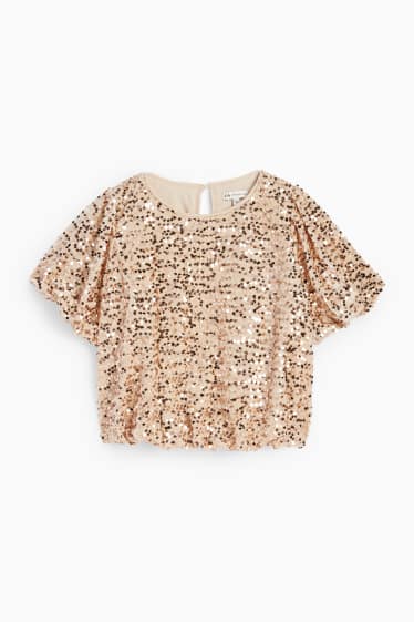 Kinder Mädchen - Samt-Pailletten-Kurzarmshirt - hellbeige