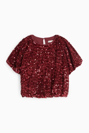 Kinder Mädchen - Samt-Pailletten-Kurzarmshirt - dunkelrot
