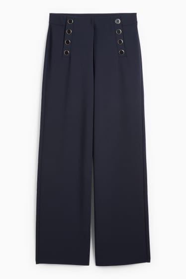 Dámské - Žerzejové kalhoty - mid waist - wide leg - tmavomodrá