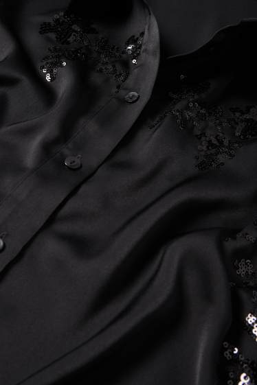 Donna - Blusa in raso - a fiori - brillante - nero