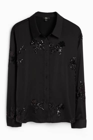 Donna - Blusa in raso - a fiori - brillante - nero