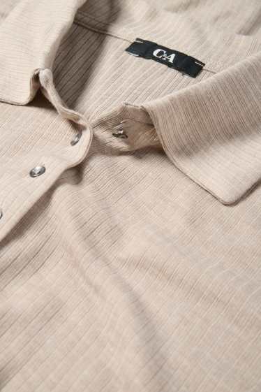 Women - Basic long sleeve polo shirt - regular fit - ribbed - beige
