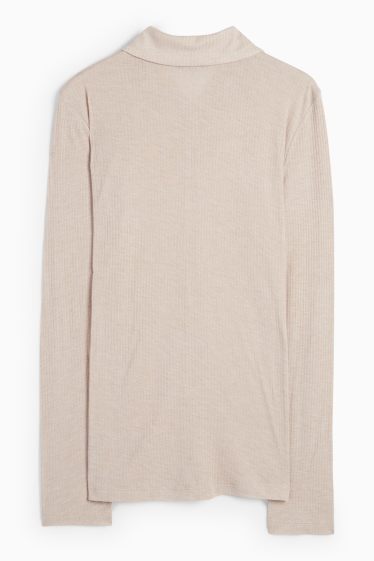 Women - Basic long sleeve polo shirt - regular fit - ribbed - beige