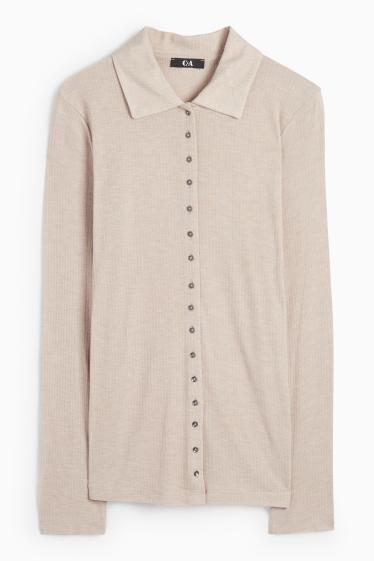 Women - Basic long sleeve polo shirt - regular fit - ribbed - beige