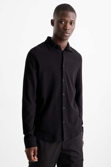 Men - Shirt - regular fit - kent collar - textured - black
