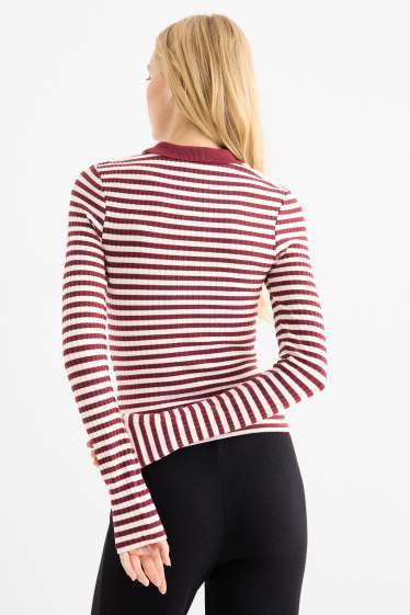 Damen - Langarm-Poloshirt - Slim Fit - gerippt - gestrickt - dunkelrot / schwarz