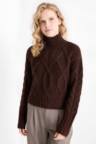Femmes - Pull court - motif tressé - marron foncé