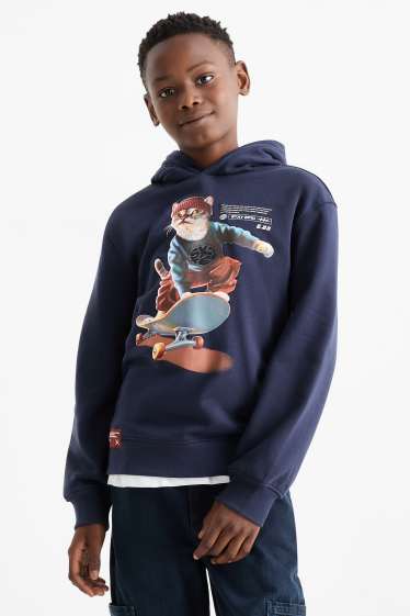 Kinder Jungen - Skateboard-Katze - Hoodie - dunkelblau