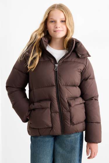 Kinder Mädchen - Steppjacke mit Kapuze - dunkelbraun