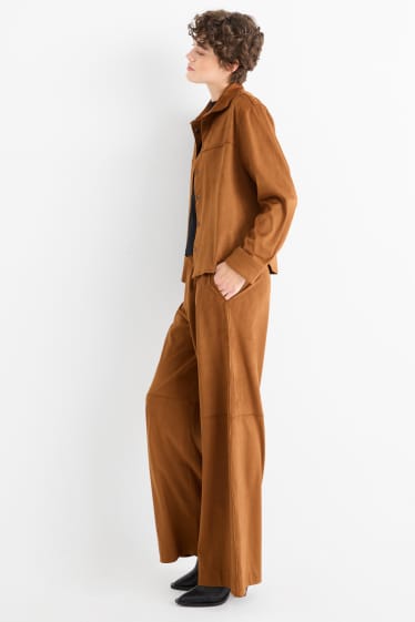 Dámské - Kalhoty - mid waist - straight fit - imitace semiše - hnědá