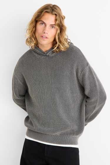 Men - Hooded jumper - ribbed - gray-melange