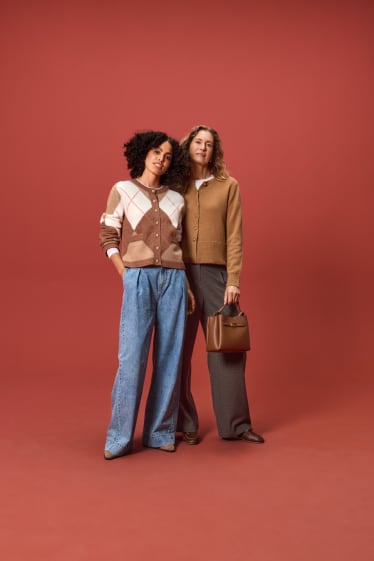 Donna - Pantaloni di stoffa - vita media - gamba ampia - a quadretti - beige