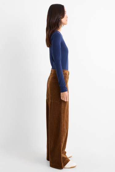 Femmes - Pantalon en velours côtelé - mid waist - jambes larges - LYCRA® - marron