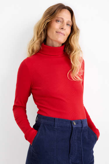 Women - Turtleneck top - ribbed - red