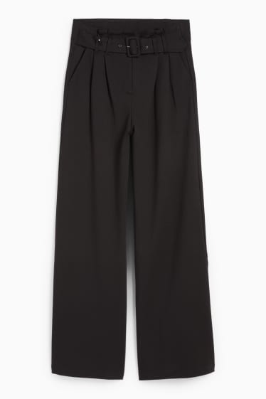Women - Jersey trousers with belt - high-rise waist - wide leg - black
